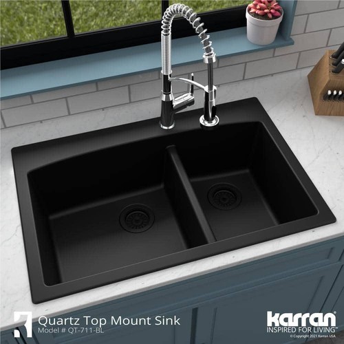 Karran Drop-In Kitchen Sink 33" Double Bowl w/ Bottom Grid, Strainer in Black - Picture 6 of 10