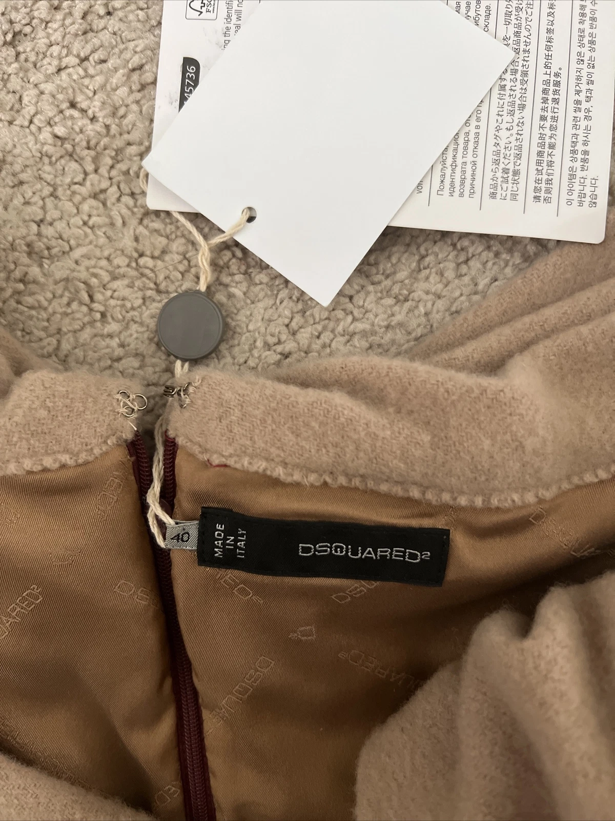 DSQUARED2 Dsquared 2 Abito Vino Rosso Sabbia Sciarpa Lana Morbida Attaccata Tg 40