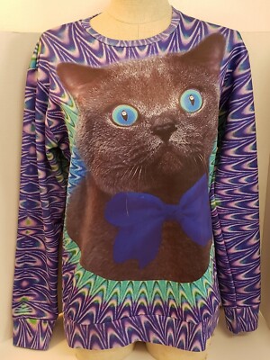Mr. Gugu Miss Go Cat~Bow Sweater Sweatshirt Psychedelic Purple Blue Lrg Pullover