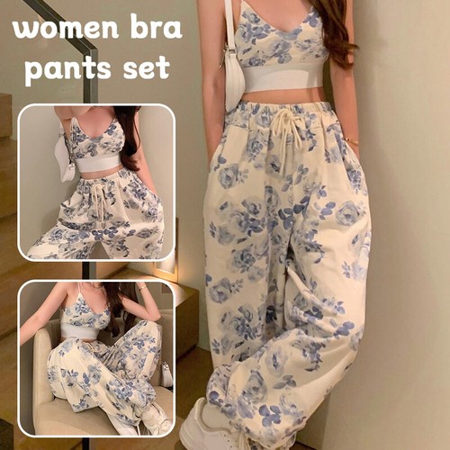 Damen Blumen V-Ausschnitt Spaghettiträger Camisole Kordelzug Elastische Taille Hose Set - Bild 4 von 21