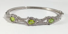 Peridot & Clear Glass Rhinestones Silver Metal Hinge Bangle Bracelet ~ BR SUN