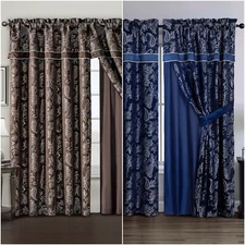 Chezmoi Collection Tuscany 4pc Blue/Brown Paisley Floral Jacquard Curtain Set