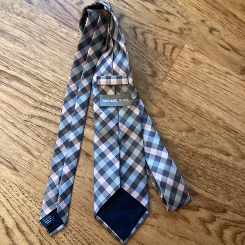NEW MICHAEL KORS MEN'S GRAY PINK PLAID TIE PREPPY CLASSIC WEDDING FORMAL PARTY - Picture 2 of 2