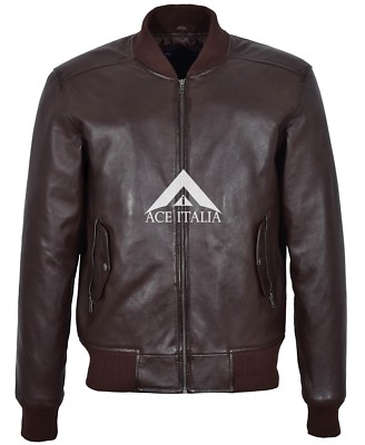 70s Mens Bomber Jacket Classic Retro Varsity Tops Brown Real Leather Jacket 1229
