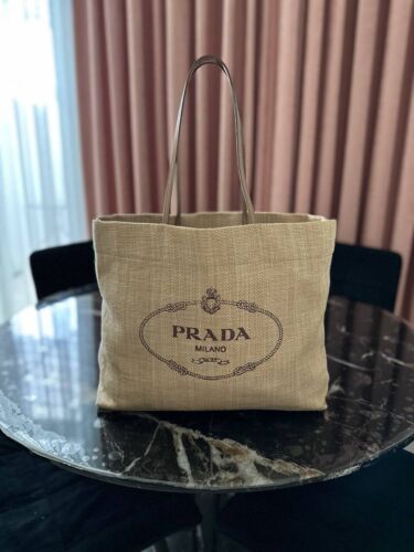 PRADA Logo Print Raffia Tote Bag Shoulder Tote Leather Natural Beige Size XL - Picture 5 of 23