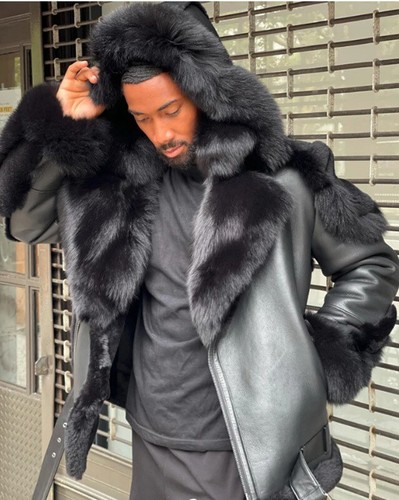 Chaqueta de abrigo de cuero sintético de terciopelo grueso con capucha cuello de piel grande negra para hombre - Imagen 8 de 10