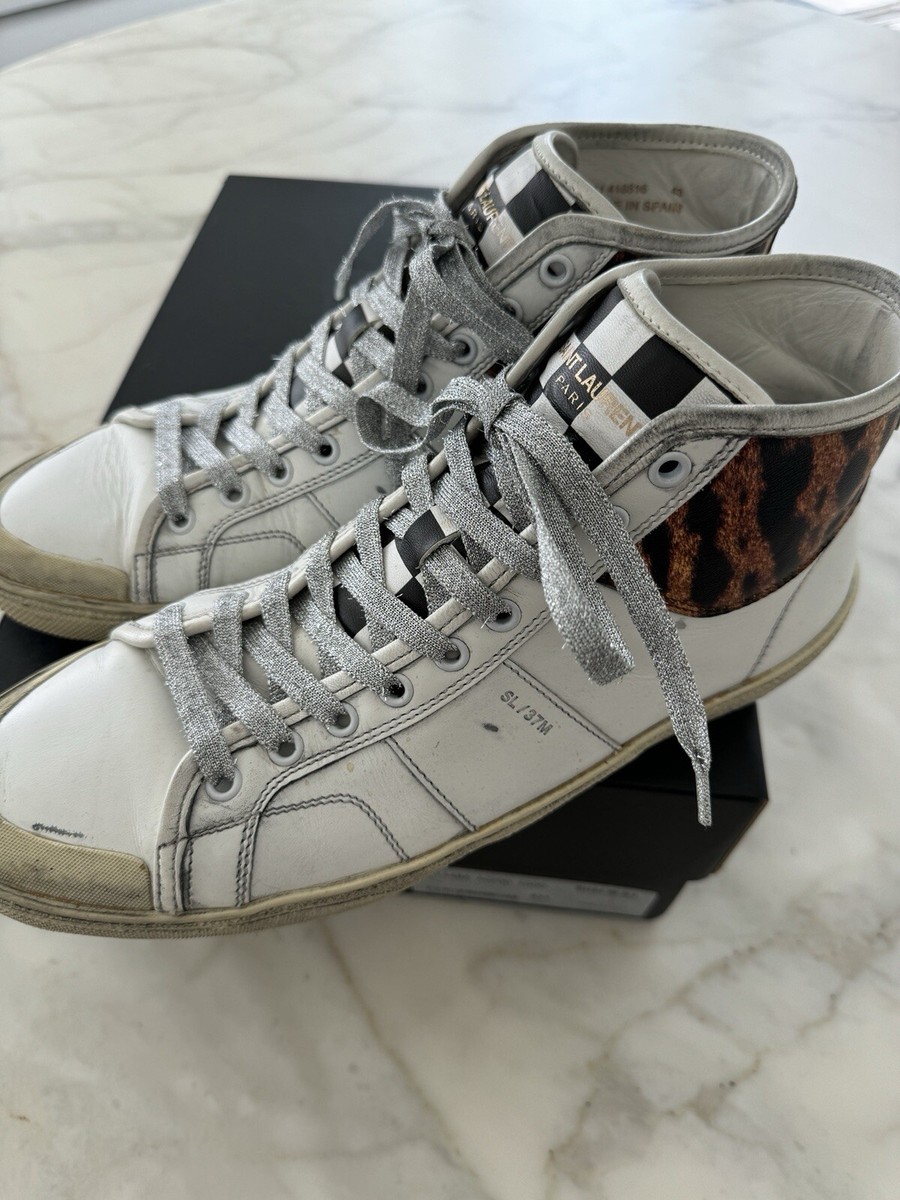 Saint Laurent Sneakers White High Top Checkerboard Leopard Saint Laurent Sneakers White High Top Checkerboard Leopard
