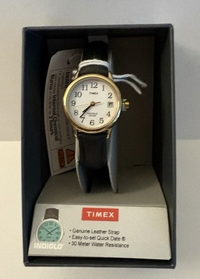 Timex Women's Watch Easy Reader Quartz White Dial Black Leather Strap T2H341 New