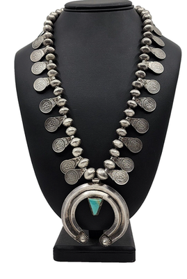 Navajo Circa 1920's Squash Blossom Silver Turquoise Mexican Ten