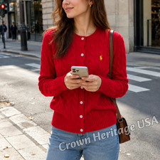 POLO RALPH LAUREN Red Cable Knit Cardigan Sweater Women - Size L NWT