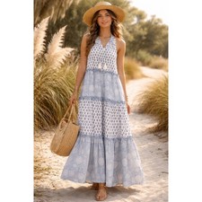 Cleobella Maddelyn Ankle Dress Women M Blue Floral Maxi Cottagecore Resort Boho