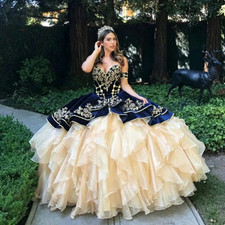 Navy Champagne Sweetheart Quinceanera Ball Gown Gold Applique Ruffle Tulle Dress