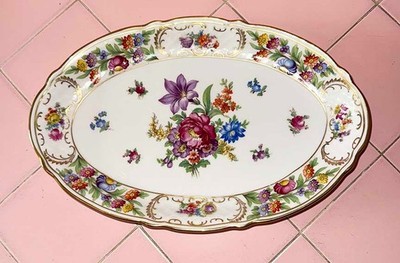 1945 Schumann Bavaria China Empress Dresden Flowers 12'' Oval Platter  US Zone