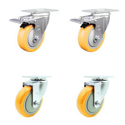 4 Inch Yellow Polyurethane Wheel Swivel Top Plate Caster Set 2 Total Lock Brakes