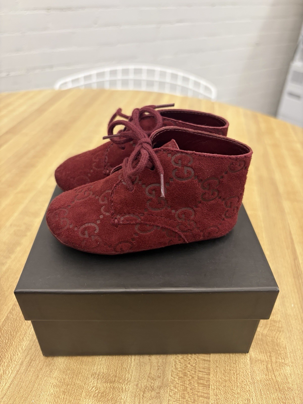 Eu 18 Wine Red Gg Monogram Suede Infant Sneakers W/ Box