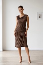 Adrianna Papell Brown Sleeveless Draped Cocktail Slinky Midi Dress Size 10