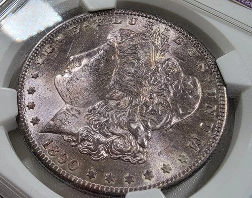 1890 S Morgan Silver Dollar $1, NGC Unicrculated Details, Purple Toning