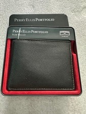 Men's Perry Ellis Portfolio Slim Fold Wallet Dark Brown Leather New in Box