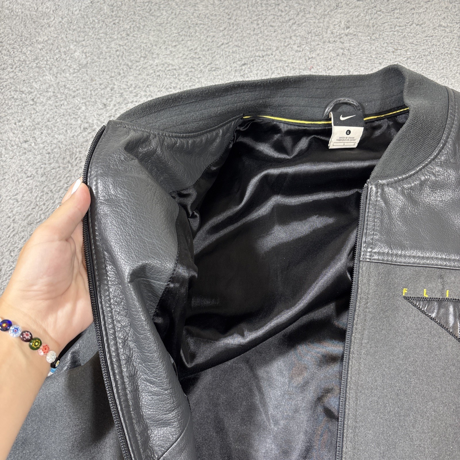 SACAI X NIKE NIKE Uomo Taglia L Destroyer OG Bomber Nero Grigio Pelle Lana Maniche Cappotto Giacca