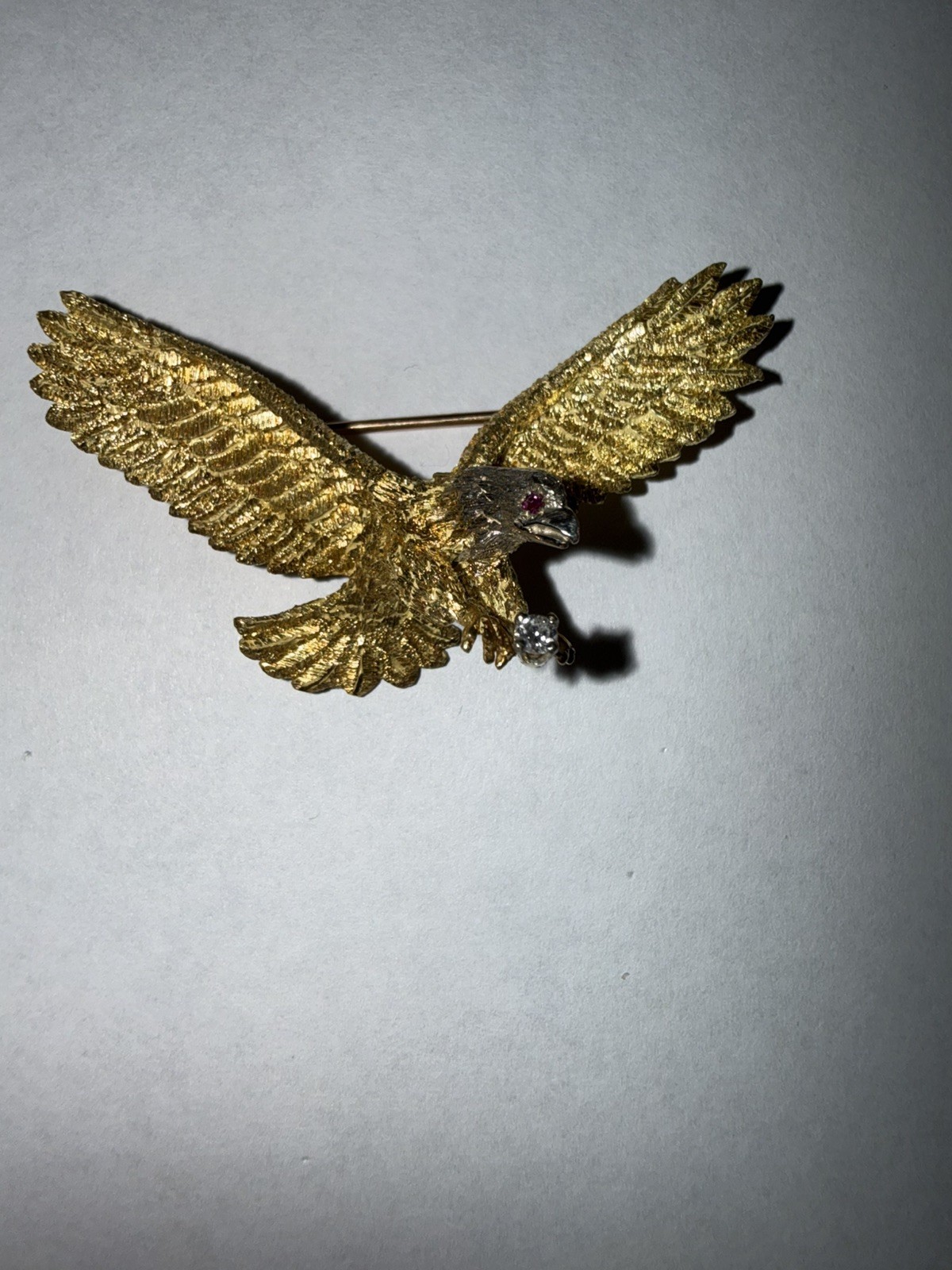 Ruby Diamond 18k Solid Gold Eagle Brooch Vintage - image 3