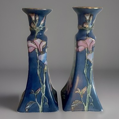 Vintage Paar HFP Macau Chinoiserie Porzellan Kerzenhalter 8,5'' blau Blumen