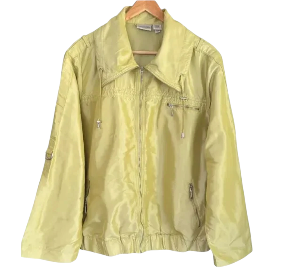CHICO'S Shiny Light Green NYLON RAIN JACKET Windbreaker FULL ZIP Pockets SZ M/1