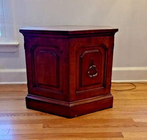 Vintage Ethan Allen Hexagonal Wooden End Table with Storage, Shelf, Dual Doors