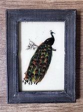 Indian Peacock Vintage Reverse Glass Painting in Bold Colors - 19 cm x 14 cm