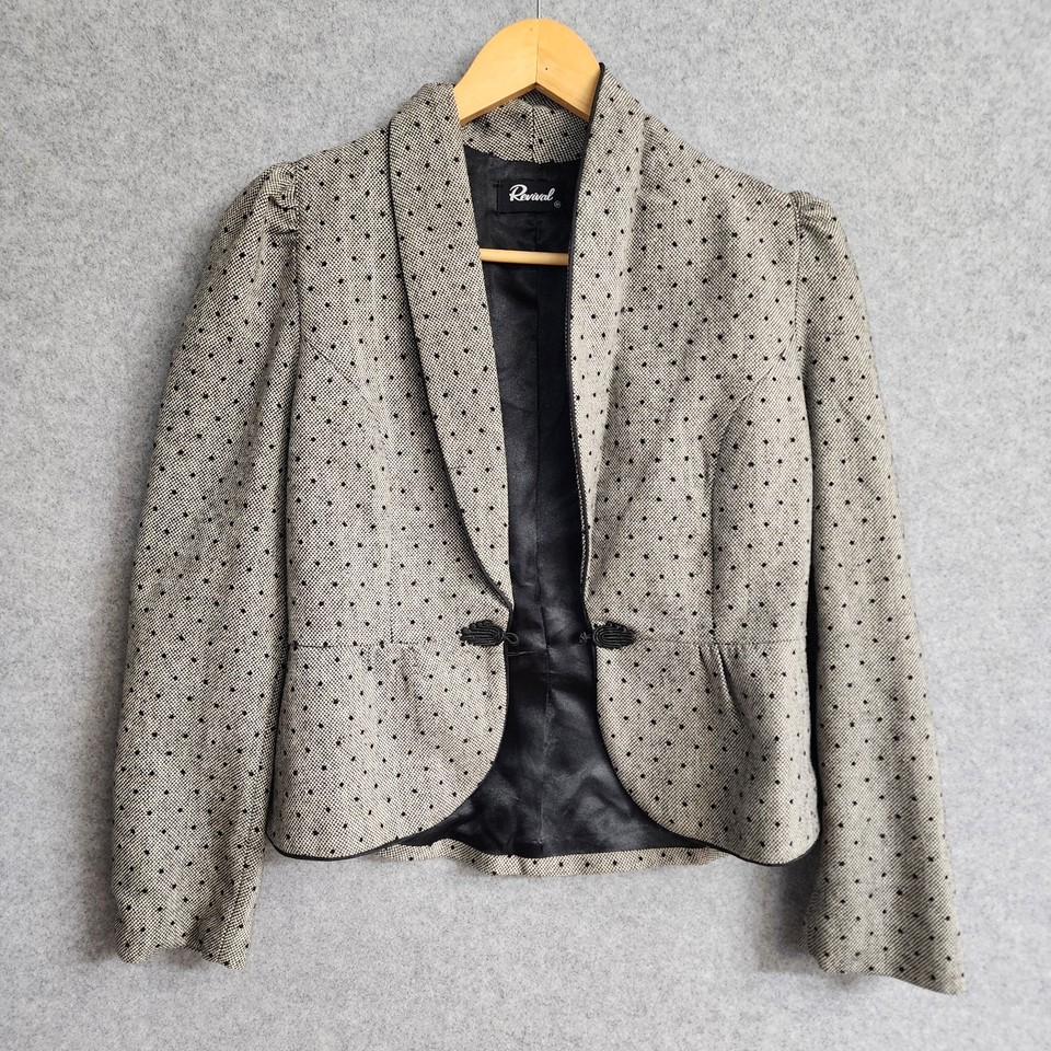 Revival Wool Blend Jacket Size 10 Lined Grey Polka Dots Blazer