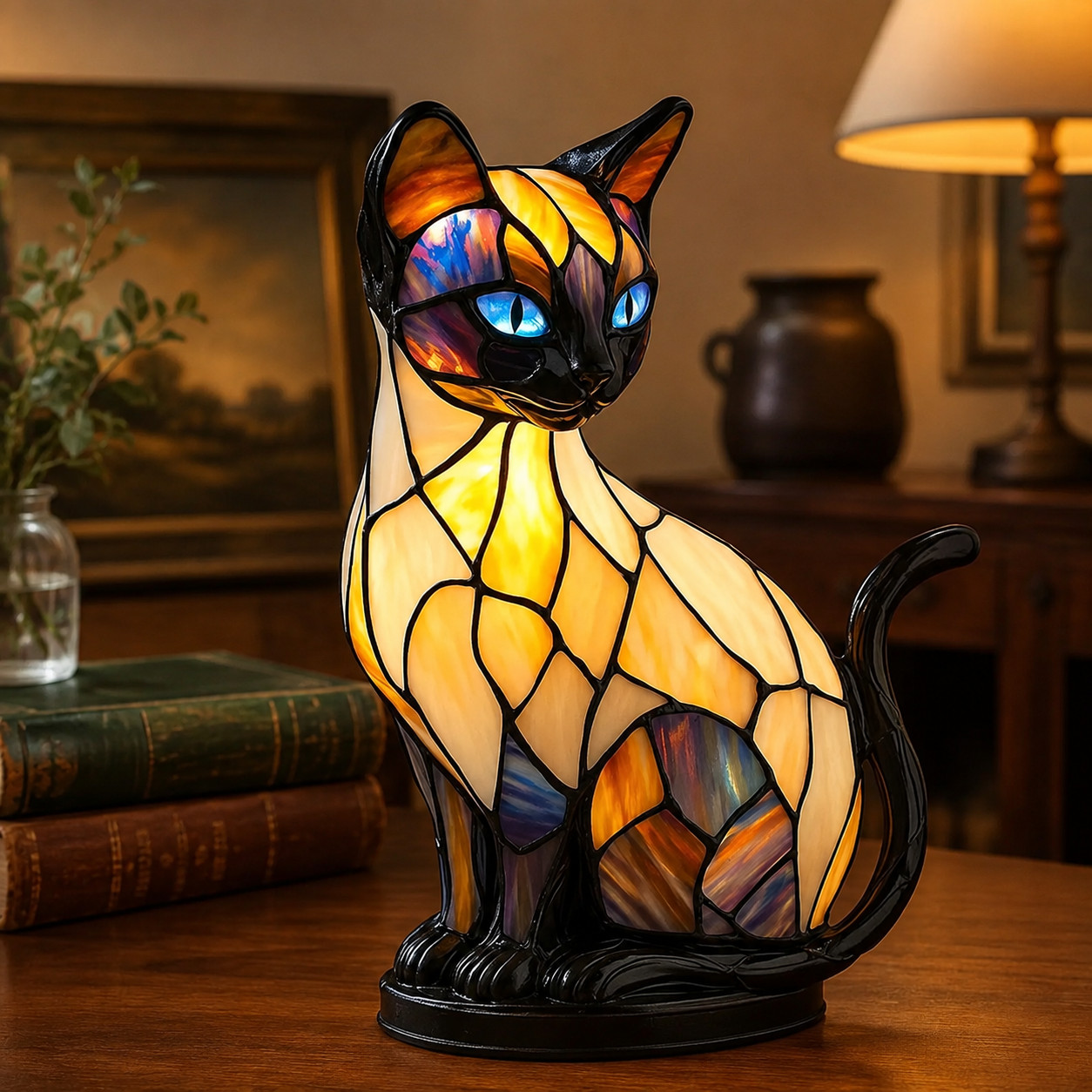 Stained Glass Cat Lamp LED Night Light Resin Table Statue Vintage Decor