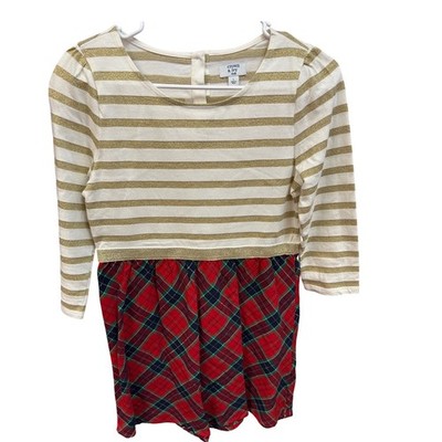 Crown & Ivy Kids Girls Size L Gold Stripe Plaid Christmas Dress Long Sleeve