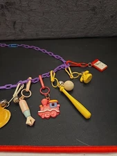 Vintage 1980s Red Link Necklace with 10 Plastic Clip On Bell Charms #5