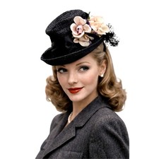 VTG 1930s WW2 Tilt Fascinator Black Straw Floral Church Hat