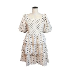English Factory Polka Dot Tiered Mini Dress M Smocked Puff Sleeve Cream Black