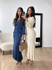 Long Dress Women Flare Sleelve V Neck Ruffles Single Breasted Bodycon Dresses