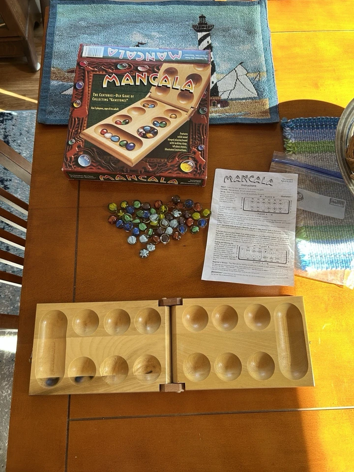 Pressman Toy Co Mancala 1997 juego de piedras preciosas de madera maciza #4426 completo Foto 2 de 4