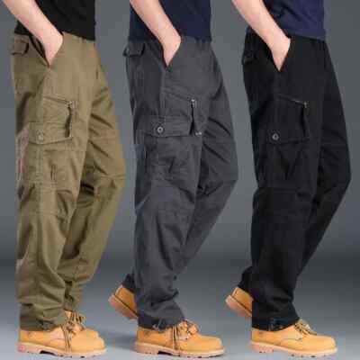 Men Casual Cargo Pants Zipper Multi-Pocket Straight Loose Trousers Elastic Waist