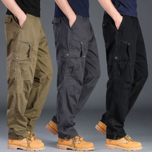 Hombres Pantalones de Carga Informales Cremallera Multi-bolsillo Rectos Pantalones Sueltos Cintura Elástica - Imagen 1 de 28