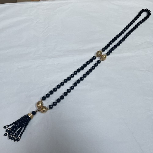 Necklace, Glass, Beaded, Black And Gold, Long, Vintage - Picture 11 of 11