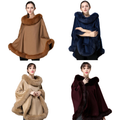 Winter Warm Cashmere and Wool Cape Coat Best Fox Fur Trim Poncho