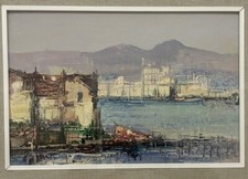 BRUNO TINTORI QUADRO PONTILE SUL LAGO OLIO SU TAVOLA 30X20 CM CERTIFICATO