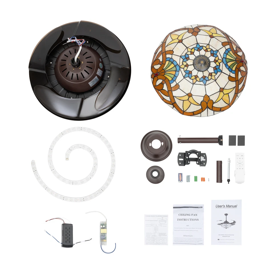 Tiffany Style Ceiling Fan 42" Remote LED Chandelier Stained Glass Retractable - Image 4 of 4