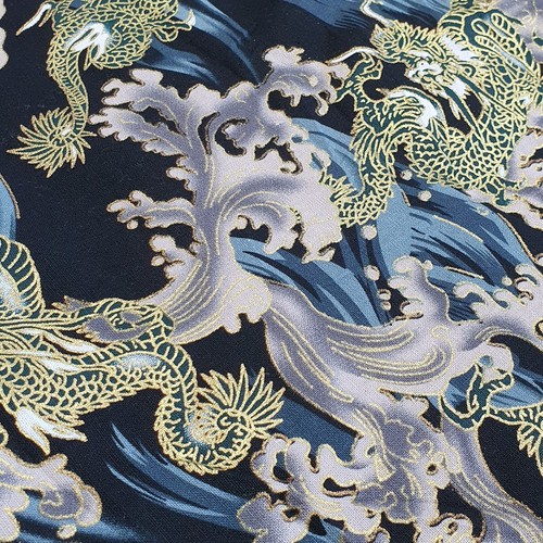 100% Cotton Metallic Gold Foil Japanese Dragon Peacock Quilting Fabric 58" - Picture 5 of 14