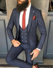 Designer business blue pinstripe men's suit sport coat waistcoat fitted slim fit