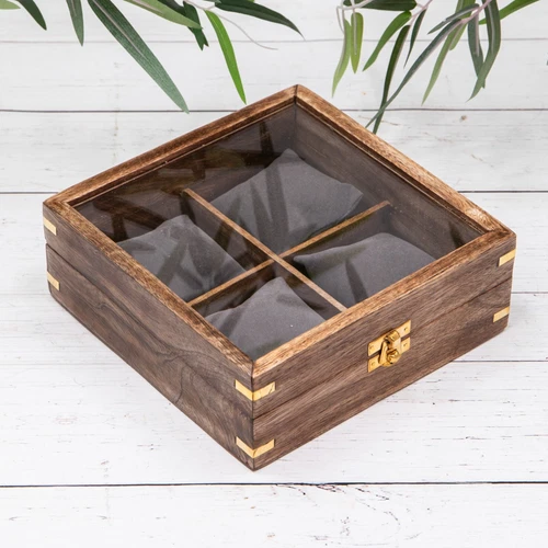 Mango Wood Brass 4 Grid Watch Storage Box Glass Window Display Lid  Mens Gift