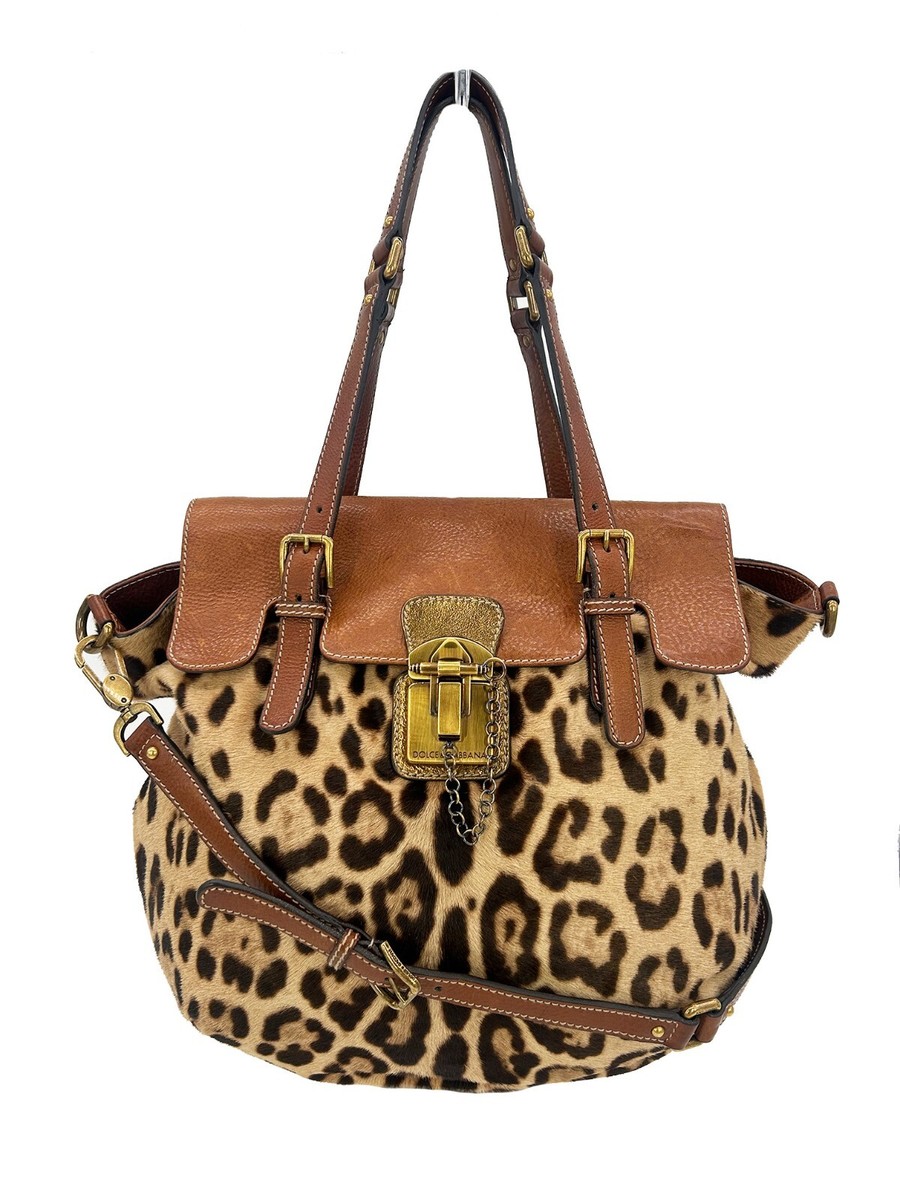 Dolce and Gabbana Leopard Print Pony Hair Tan Leather Miss Privee