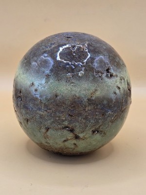 Ceramic Art Pottery Sphere Orb Green Brown Rustic Textured 3''
