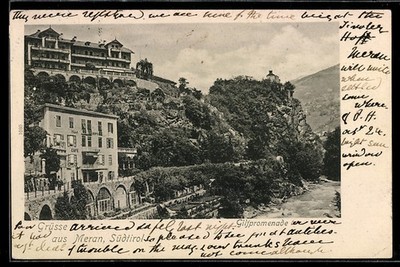 Postcard Merano, Vista sulla Gilfpromenade e il fiume Passirio 