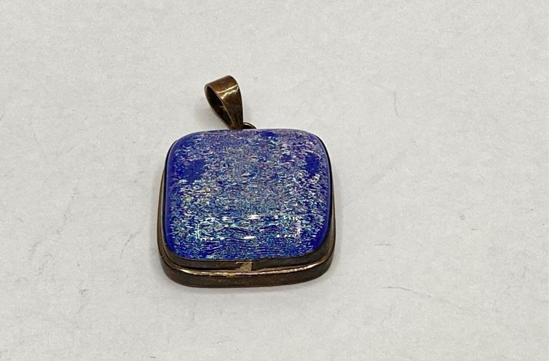Vintage Sterling Silver 925 Blue Dichroic Glass Square Pendant 22.7g