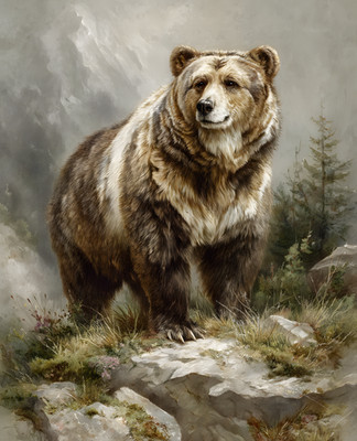 Brown Bear on White Mountain Rock Beneath Storm Clouds Print - 934988159
